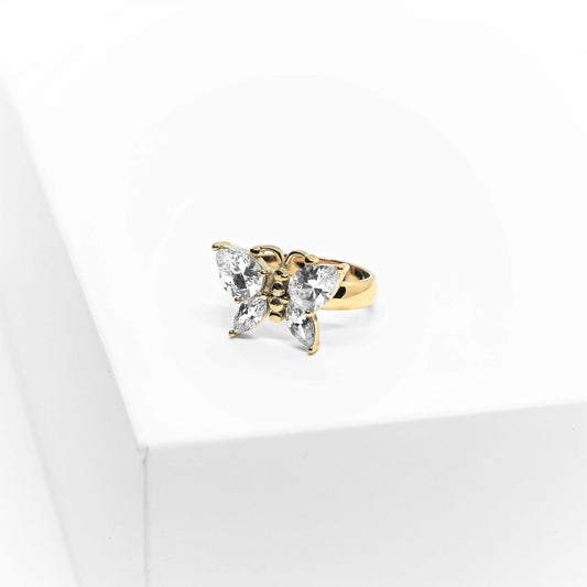 Valeria Ring - Näyttävä sormus jossa zirconia timantti perhonen - koru kullattua ruostumatonta terästä - Jewelbox